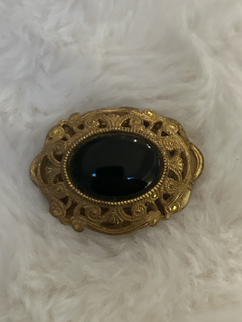 Miriam Haskell Filigree Brooch with Black Oval Cabochon